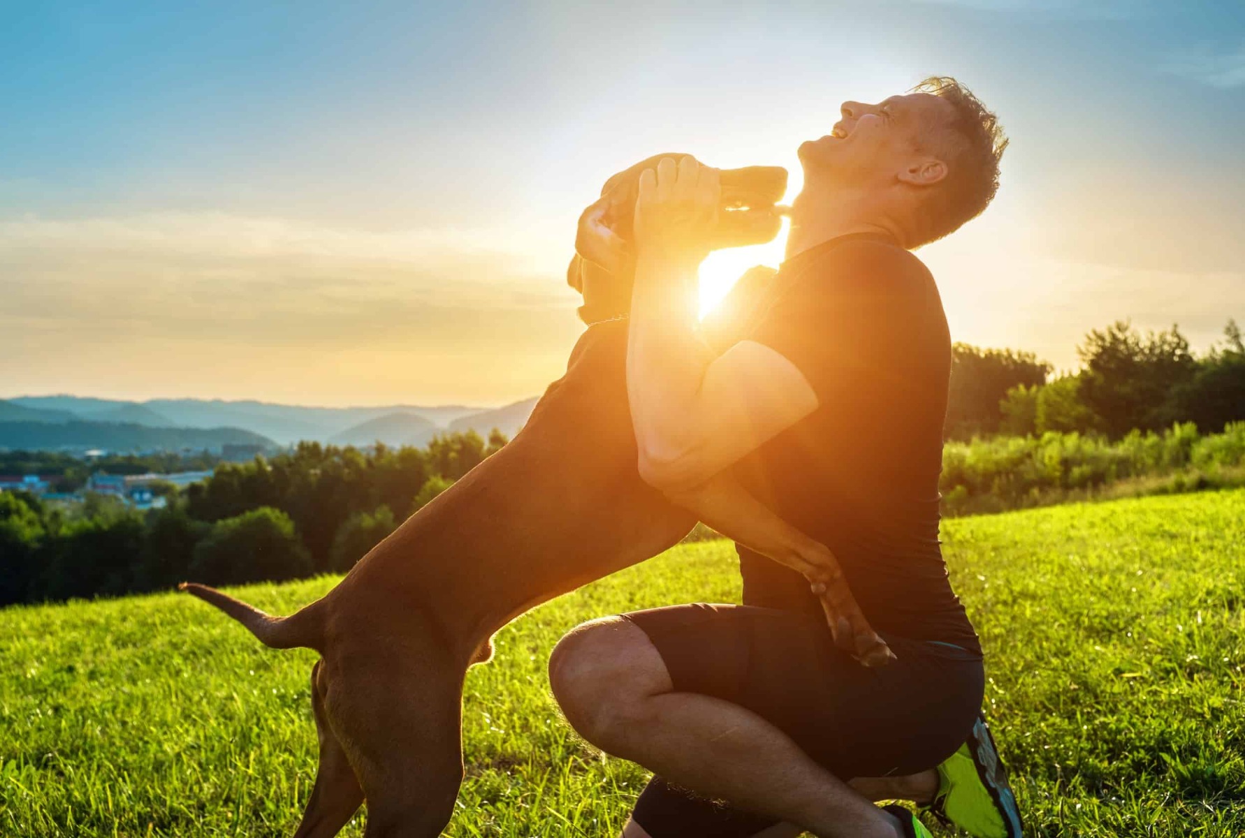 A person having fun with a dog