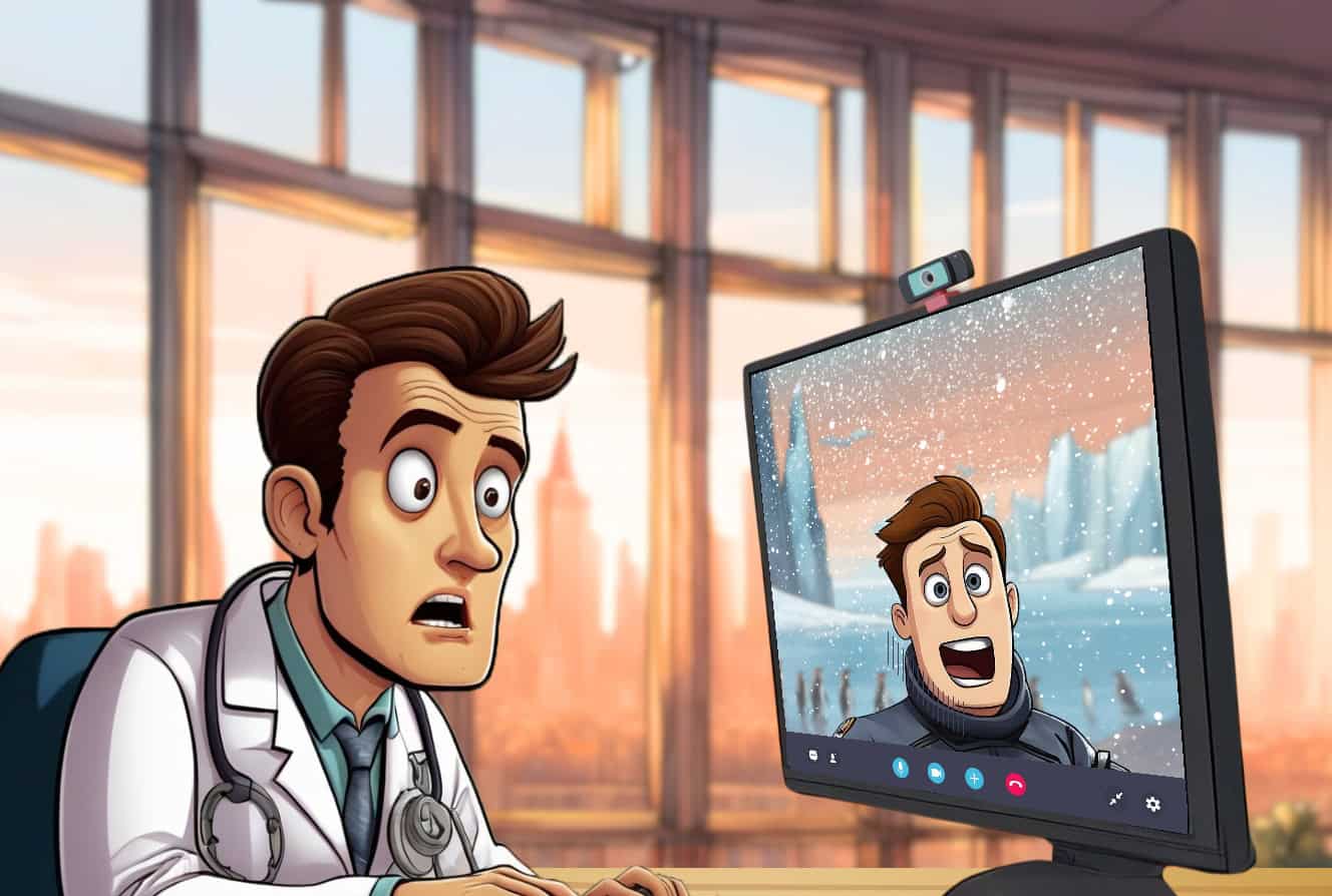 A doctor video calling with a man in an Anarctic station with some penguins behind him