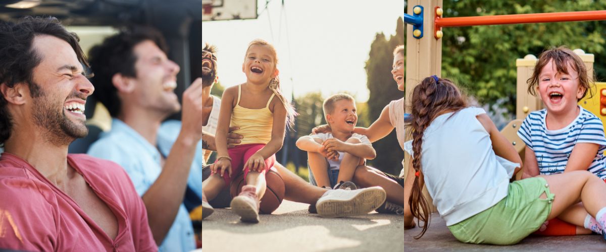 collage image of people laughing