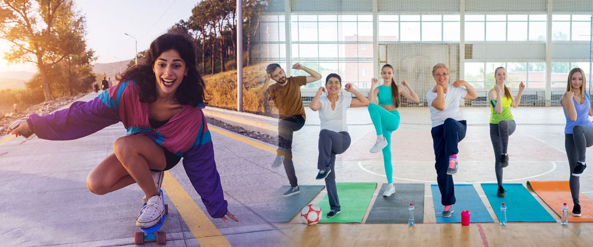 A girl having fun in skateboarding, and people doing some exercise